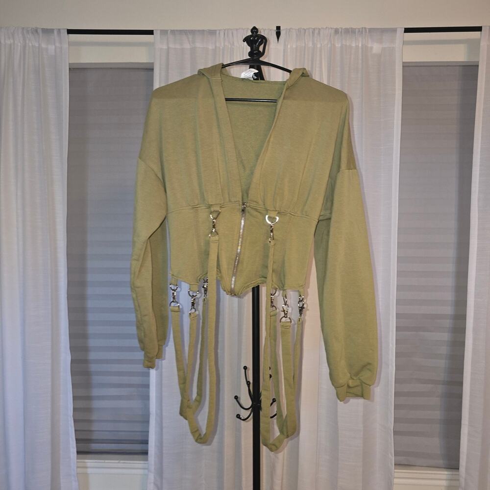 Olive Green Cropped Hoodie with Straps - Picture 4 of 8